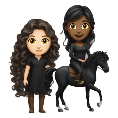White girl, black shirt, long dark brunette curly hair, next to a black arabian horse sticker