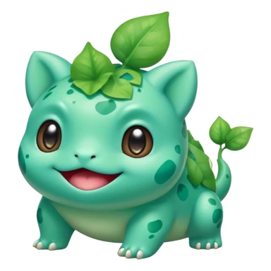 cute Bulbasaur Pokémon in Rednote app emoji style, soft rounded glossy face, bold expressive eyes, vibrant green and teal colors, playful cheerful, musical note accent sticker