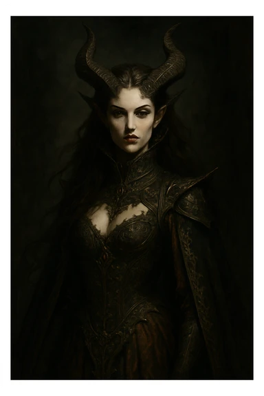 demon queen with horns and brown hair, elegant and regal, dark fantasy style sticker