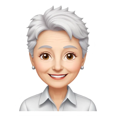 Senior version of Marian Pabón with defined facial structure, light pinkish skin showing age, almond eyes, arched eyebrows, charismatic wide smile, short spiky white-gray hair, more pronounced aging features, wearing a formal white buttoned shirt sticker