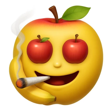 Add a cartoon joint with smoke to the smiley face made of apples as eyes and a banana as the mouth. Make it look like the face is smoking weed, keep the emoji style. sticker