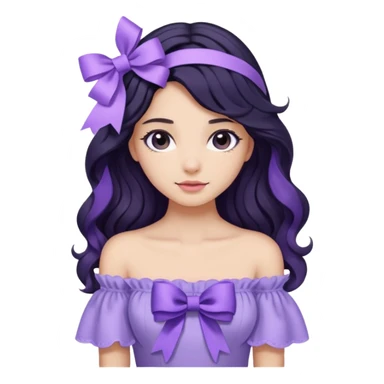 Girl with black wavy long hair and a ribbon hair clip beside it make it look like wearing a lavender off shoulder  sticker
