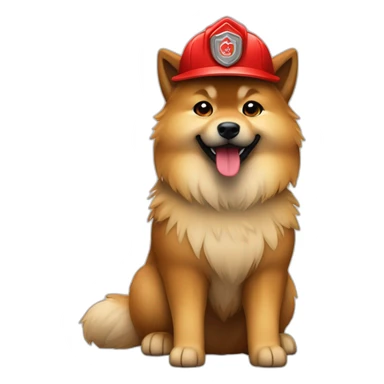 Full body fawn Eurasier happy, Red firefighter hat and red shoes tail wagging sticker