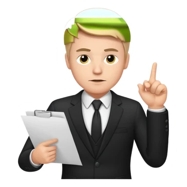 A white man in a black suit stands with a serious face and points at his hand holding papers. sticker