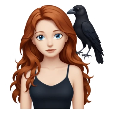Constantine and Long wavy Auburn hair woman BLUE eyes wearing black cami and a crow sticker