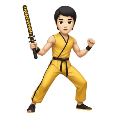 fierce Bruce Lee, nunchaku in hand, aggressive look, yellow jumpsuit sticker