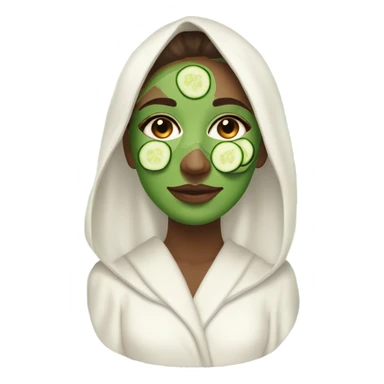 White girl with Brown hair and blue eyes wears a Green colored skincare clay textured mask and puts on cucumbers around her eyes while She relaxes in her white Robe sticker