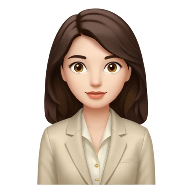 Tom de pele: clara com fundo rosado
Cabelos: longos, castanho escuro, levemente ondulados
Sobrancelhas: bem definidas e cheias
Olhos: castanhos claros (podem ser destacados com brilho)
Traços marcantes: lábios cheios e sorriso suave
Roupa: blazer branco acinturado, top de seda bege por baixo sticker