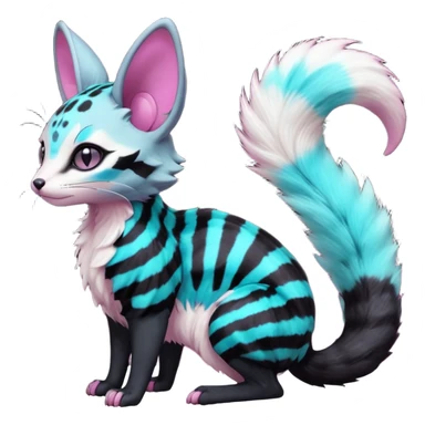 Fantasy Abyssal onyx-obsidian-pitch-Black-coated fur with glowing random cyan and magenta markings divine beautiful elegant pretty precious cute young youthful  Fakémon-Pokémon-alien-opossum-feline-serval-caracal-chinchilla-Minccino-hybrid-creature with a big fluffy bushy striped tail (full body) sticker