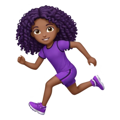 Uma boneca morena escura com olhos castanhos e cabelo cacheado longo preto até o peito, treinando correndo a roupa top roxo com detalhes preto e short roxo com detalhes preto sticker