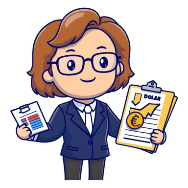 Professional economics channel mascot with shoulder-length wavy light brown hair, rectangular glasses, navy blazer, light blue shirt, holding clipboard with chart, pointing at dollar and euro symbols sticker
