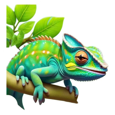 cinematic cute-smiling chameleon-realistic emoji,-blending-with-vibrant-greenery.-detailed-scales-in-shifting-colors,-showing-the-chameleon’s-ability-to-camouflage.-soft-natural-light-highlights-its-texture.-nature-background, zoomed into its face sticker