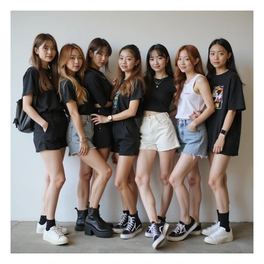 Blackpink K-pop group, group pose, photorealistic, casual streetwear, relaxed and friendly sticker