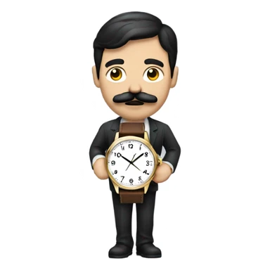 dark hair dark eye man with mustache looking at wrist watch sticker
