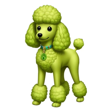 Key lime green poodle standing in front of the Beatles sticker