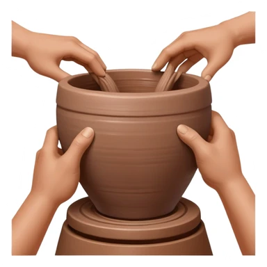 Close-up of two hands working from outside a clay vessel on a silver pottery wheel, both pinching and lifting the clay upward at the same spot to form the vessel wall sticker