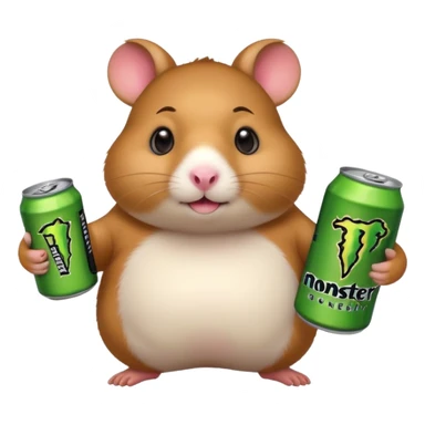 Funny cartoon-style fat hamster wide eyed holding a can of monster energy in one hand and redbull in the other hand sticker