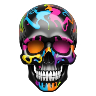 glossy black skull with colorful graffiti designs and fashion logos precisely contained inside the skull contours, three-quarter view sticker