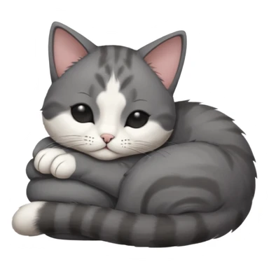 dark grey and white small cat with his eyes closed leaning his head on his paw while leaning on his elbow lying down sticker