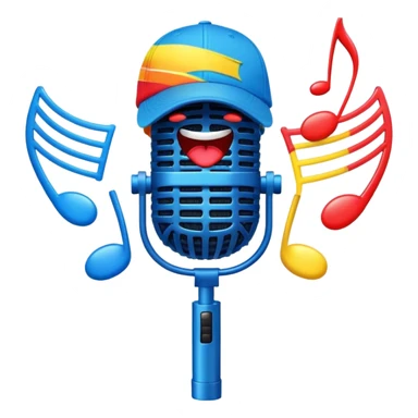 Create a dynamic and energetic emoji that represents beatboxing. The design should feature a microphone with a singing mouth and soundwaves or rhythmic beats emanating from it, symbolizing the vocal percussion and rhythm of beatboxing. Add a cap placed on top of the microphone to reflect street culture and the individuality of the performer. Include musical notes floating around to emphasize the musicality. Use bold, vibrant colors like neon blue, red, and yellow to convey energy and excitement. The background should be transparent. sticker