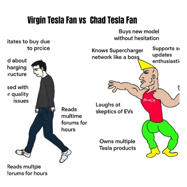 make virgin vs chad meme on tesla fan in above style  sticker