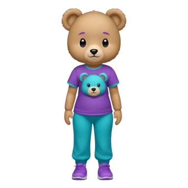 Light brown female teddy bear wearing a bright purple and teal Tshirt with matching joggers that have hbk on the Tshirt  sticker