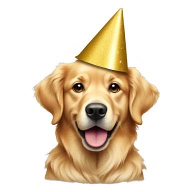 Light color golden retriever wearing a party hat sticker