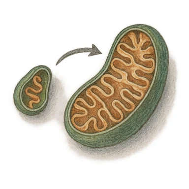 realistic colored drawing of mitochondrial biogenesis step 1: formation and growth of a new mitochondrion, visible texture on white paper, isolated on white background sticker
