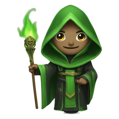 hooded ritual leader presenting green flame with hex BDFF6D. make robes matching sticker