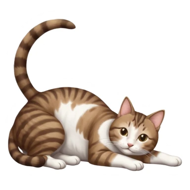 dark brown tabby and white cat with doing a big extremely long stretch reaching up into the air with arms and legs side by side together straight and overextended whilst lying on its side sticker