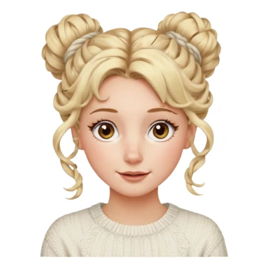 blonde hazel eyes woman with a white cable knit sweater and one curly messy bun with tendrils of hair flowing down her face and she is happy pale, some freckles, blush. she has a cateye wing and long lashes sticker