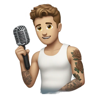 White boy with brown hair with arm tattoo and holding a microphone  sticker