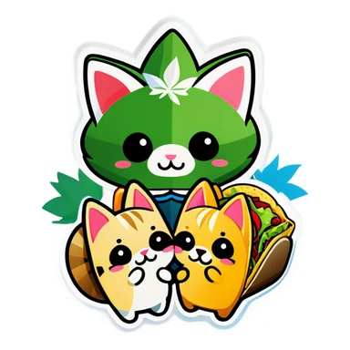 Kawaii Cannabis leaf and kittens eating tacos kawaii style  sticker