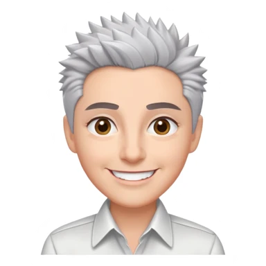 Close-up portrait of Marian Pabón with defined facial structure, light pinkish skin, almond eyes, arched eyebrows, charismatic wide smile, short spiky gray hair, wearing a formal white buttoned shirt sticker