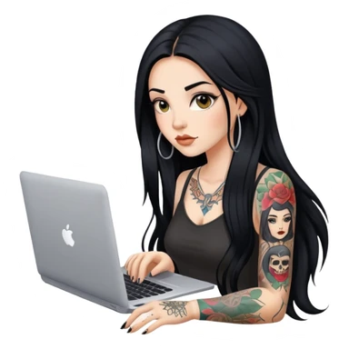 beautiful girl with tattoos, with long black hair, typing on laptop sticker