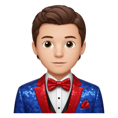 Tom Holland with brown hair, red shirt, periwinkle sequin suit jacket with bow tie sticker