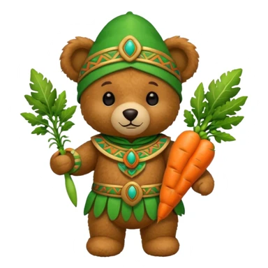teddy bear, wearing green mayan ancient custome, with carrot sticker