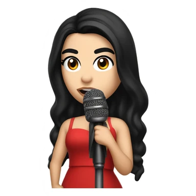 Dua Lipa, with long black hair, wearing a red dress, singing with a microphone in her hand sticker