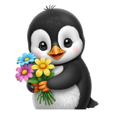 Cute baby penguin holding flower bouquet sticker