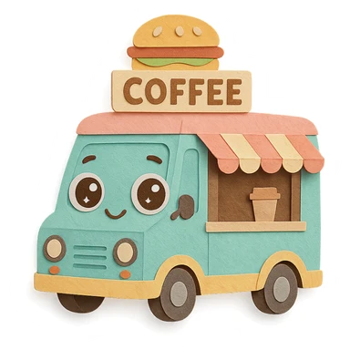 adorable mobile coffee truck, full body, pastel colors, big sparkling eyes sticker