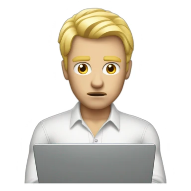 blond bold man with laptop angry sticker