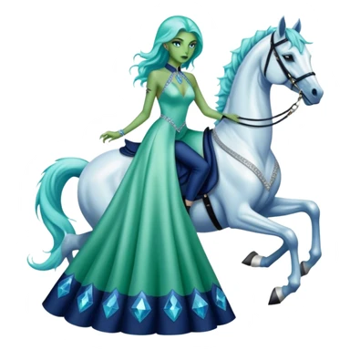 alien reptilian green skin woman, in long slim pastel blue formal party satin dress with gradient shiny sparkling navy blue diamonds embroidered , ride a White horse sticker