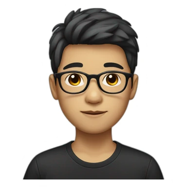 A Chinese boy with partial hair, a black T-shirt and a pair of black-rimmed glasses sticker