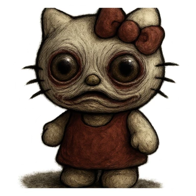 uncanny Hello Kitty with distorted face and unusual eyes, unsettling vibe sticker