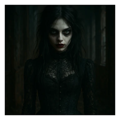 beautiful but scary girl, hauntingly attractive, dark gothic style, intense eyes, horror atmosphere sticker