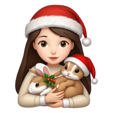 Brunette hugging one beige rabbit christmas sticker