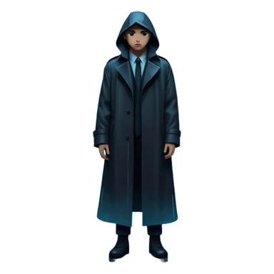 Movie Poster: A tense, gripping design with dramatic lighting. Include a mysterious figure in a dark coat standing in a rain-soaked alley, with glowing neon signs in the background. Shadows loom, and ominous shapes emerge from the mist. Suspenseful and cinematic atmosphere. Transparent background. sticker