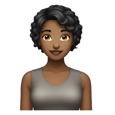 a balck short hair girl with big brown eyes and smily face sticker