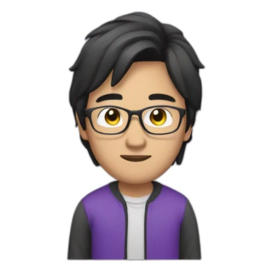 an asian guy with long black hair. Wearing glasses and a purple sweat sticker