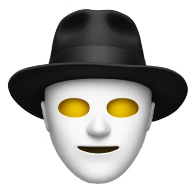 A person in a white mask with yellow eyes and a black hat sticker